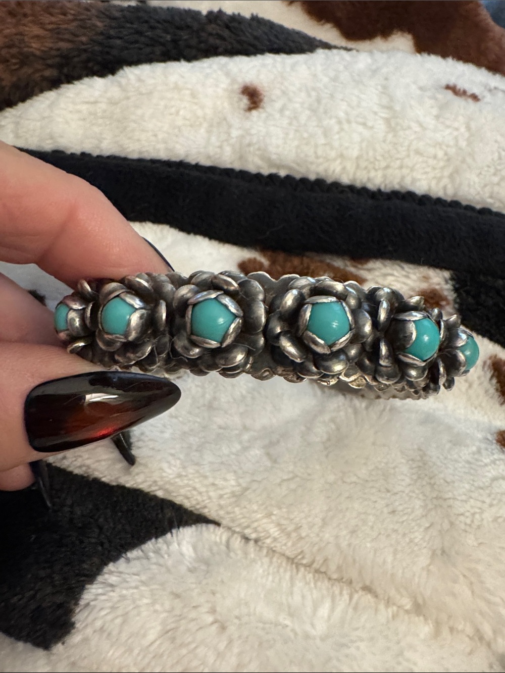 Vintage 925 Silver Floral Cuff Bracelet with kingmanTurquoise Stones